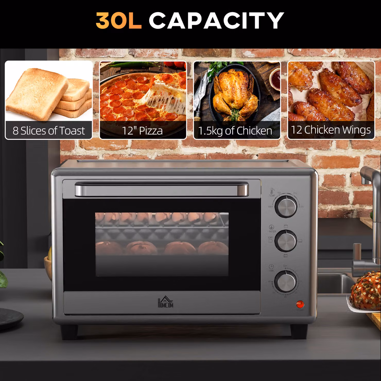 HOMCOM 30L Mini Electric Oven with Accessories, 60-230°C, Silver Tone – 4