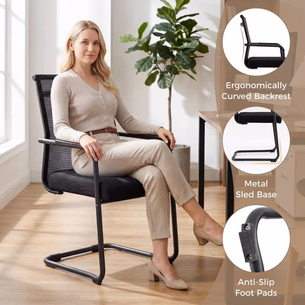 Costway Set of 4 Stackable Mid Back Office Reception Guest Chairs in Black Fabric – 4