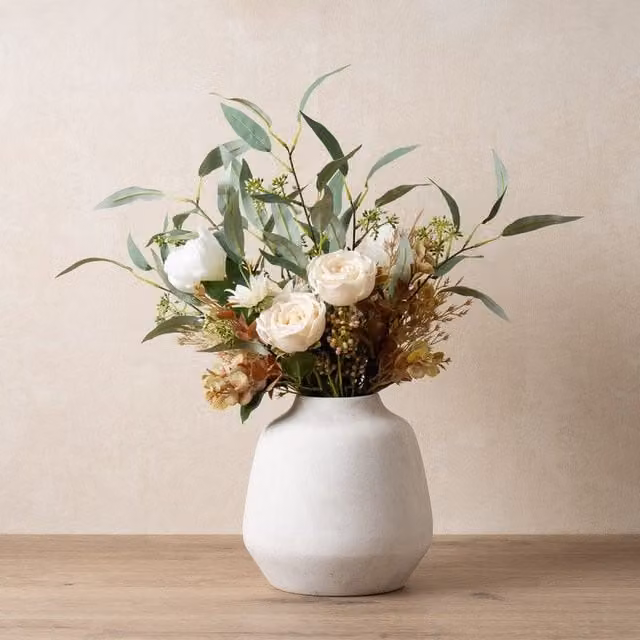 Scottish Everlastings Ltd Mixed Tulip, Rose and Eucalyptus Floral Bouquet in Off-White, Height: 66 cm – 1