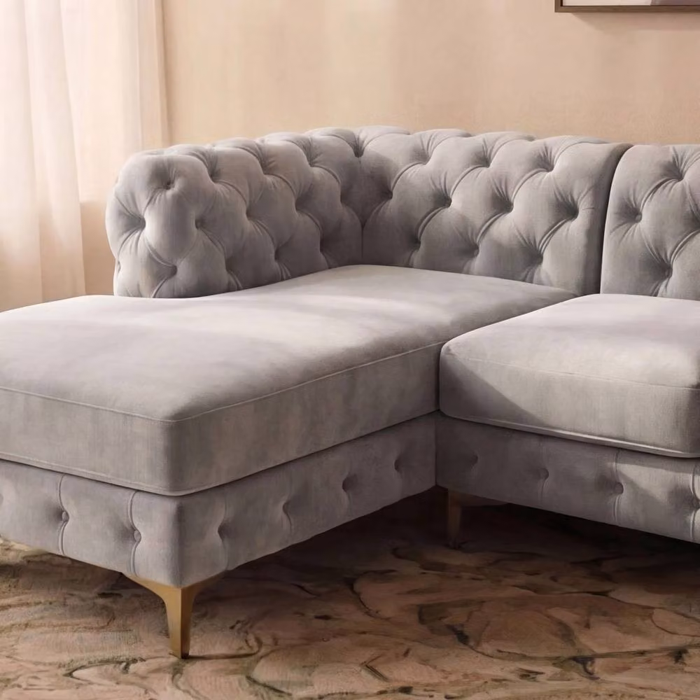Sofaya Monaco Chesterfield 4 Seater L-Shaped Sofa in Light Grey Velvet with Left Hand Chaise – 2