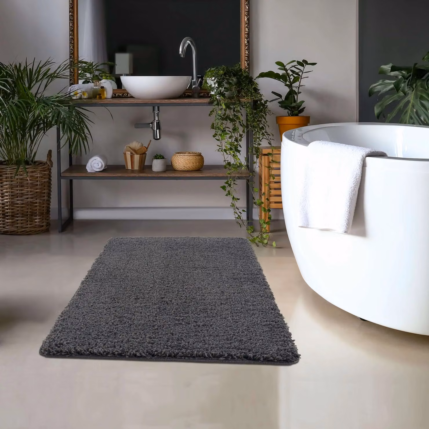THE RUGS Washable Non Slip Shaggy Round Rug in Charcoal Grey, Diameter: 100 cm – 3