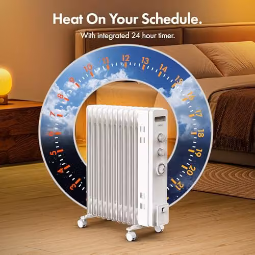 VonHaus 2500W Oil Filled Radiator, 11 Fin Portable Electric Freestanding Heater in White with 24 Hour Timer and Overheat Protection – 2