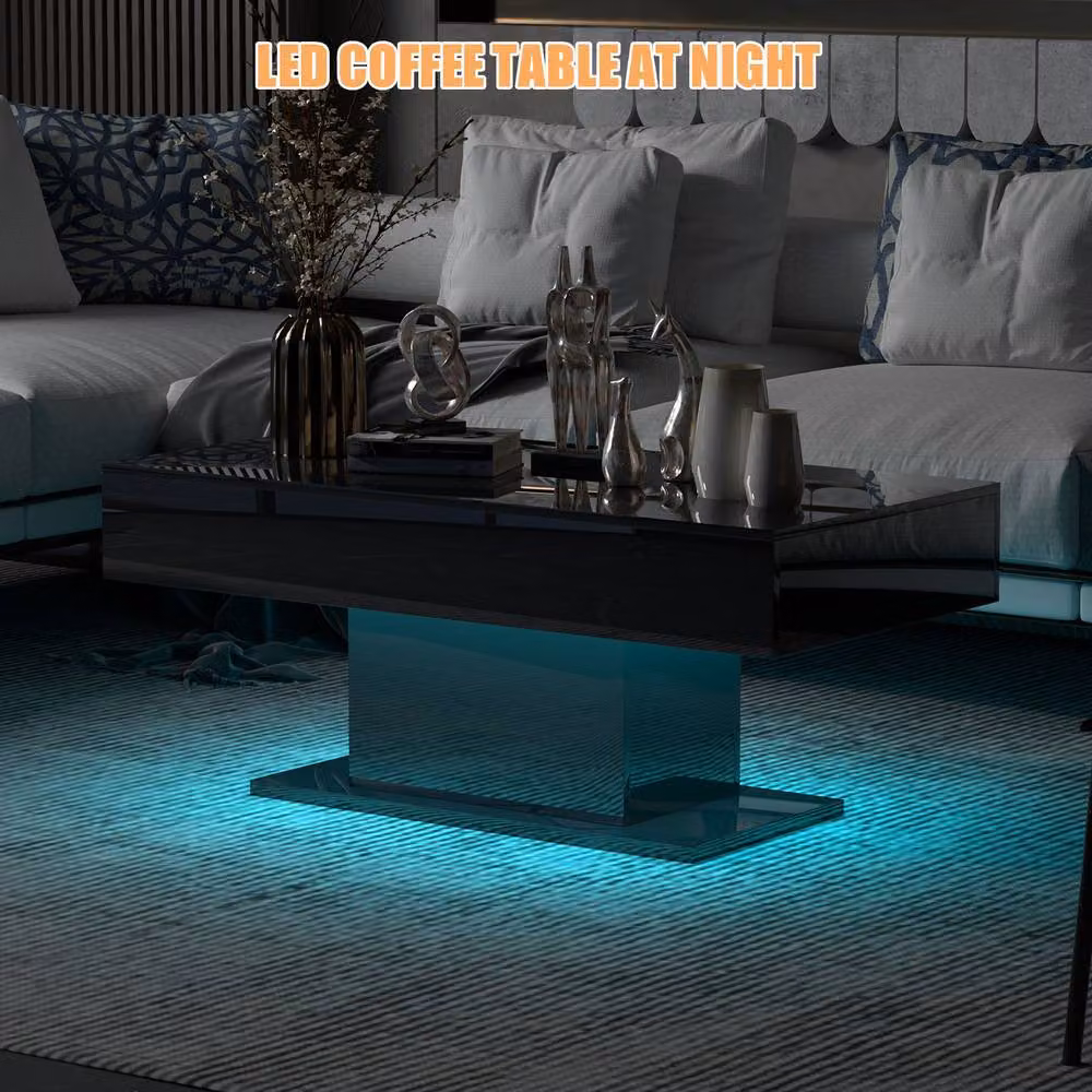 KEEPREAPER High Gloss Rectangular Coffee Table with 16-Colour LED Light in Black – 6