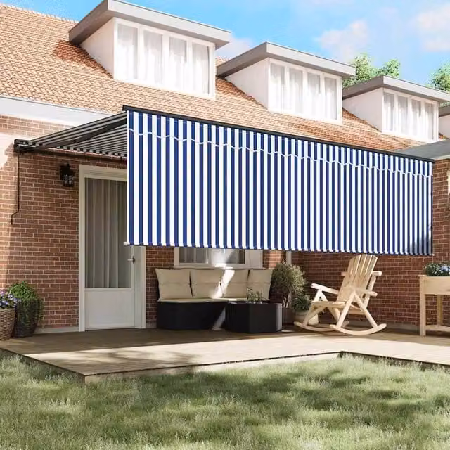 Berkfield Home Retractable Folding Arm Awning in Blue and White Striped Polyester with Anthracite Frame – 1