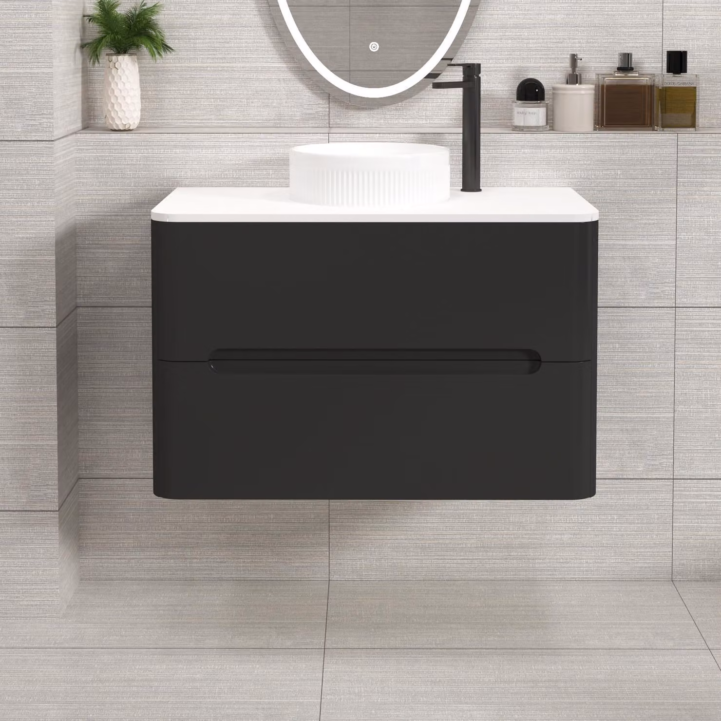 Royal Bathrooms Venice 800mm Wall Hung Vanity Unit in Matt Nocturne Black with 2 Drawers and Plain White Worktop with Round Basin
