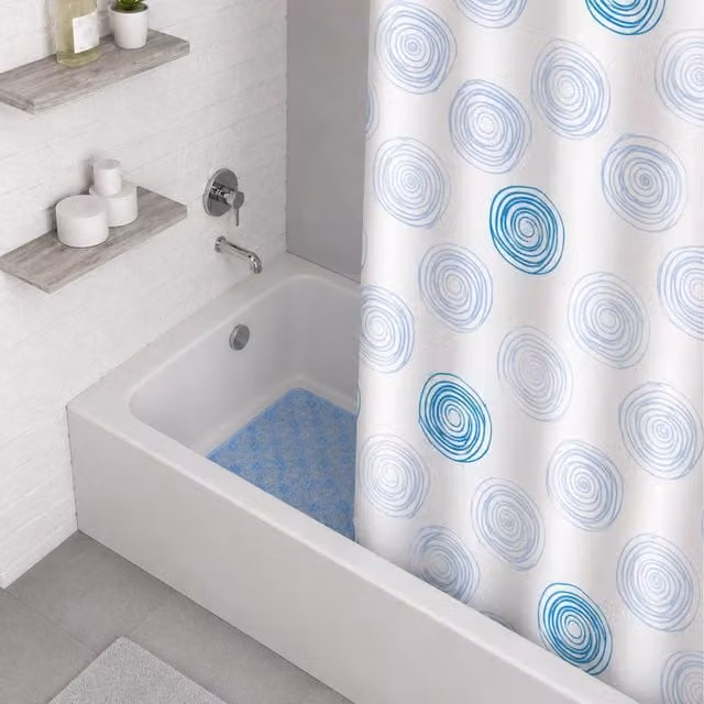 Showerdrape Contours Waterproof Polyester Shower Curtain and Laguna Blue Anti Slip Bath Mat in White, W: 180 cm x H: 180 cm