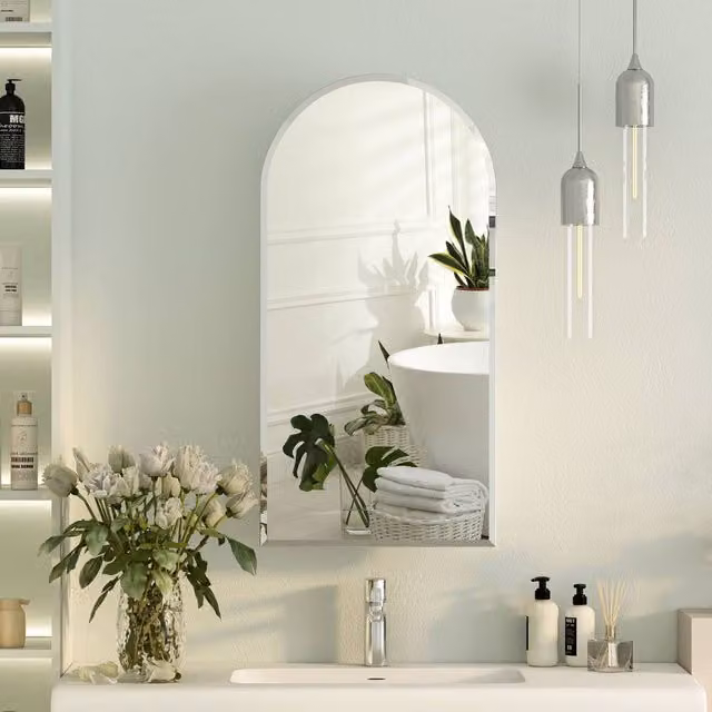 KEEPREAPER Frameless Arched Bathroom Mirror Cabinet in White with 3 Glass Shelves, W/H: 40 x 80 cm