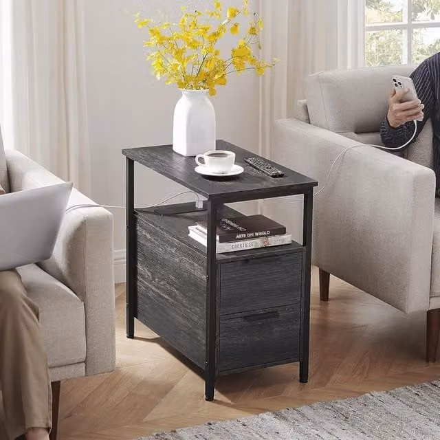 The Bazaarist Modern Narrow Bedside Table with USB Charging Port and Drawers in Charcoal Grey and Black