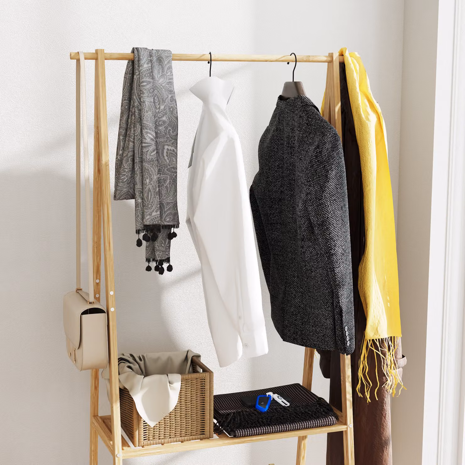 HOMCOM Bamboo Clothes Rack with Shelves and Hooks in Brown and Beige – 5