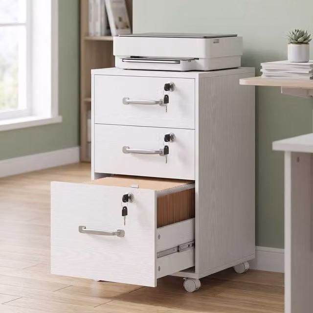 ERGOVEXA Three Drawer Wood-Effect Filing Cabinet in White with Lock and Castors, W: 40.0 cm, D: 40.0 cm, H: 69.5 cm – 1