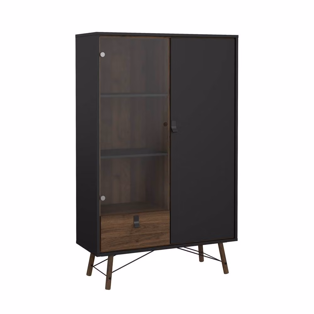 CALICOSY Joyce 2-Door Display Cabinet with Glass Door and Drawer in Walnut, H 161.8 cm x W 40.1 cm x D 66.6 cm – 2
