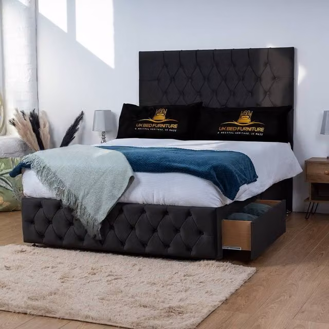 UK Bed Furniture Monaco Super King Divan Bed with 2 Drawers and 26 Inch Headboard in Black Fabric