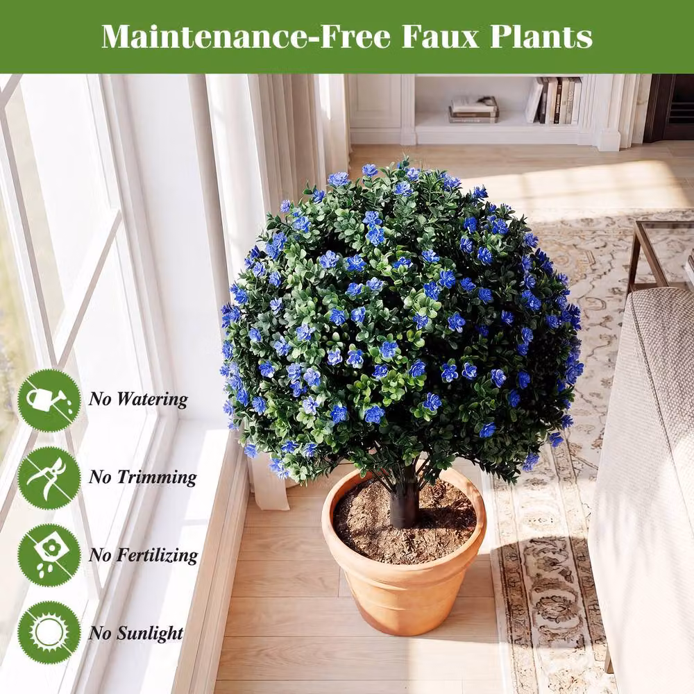 Costway 2-Piece Artificial Camellia and Boxwood Topiary Ball Trees in Green, Purple and Multicolour – 9