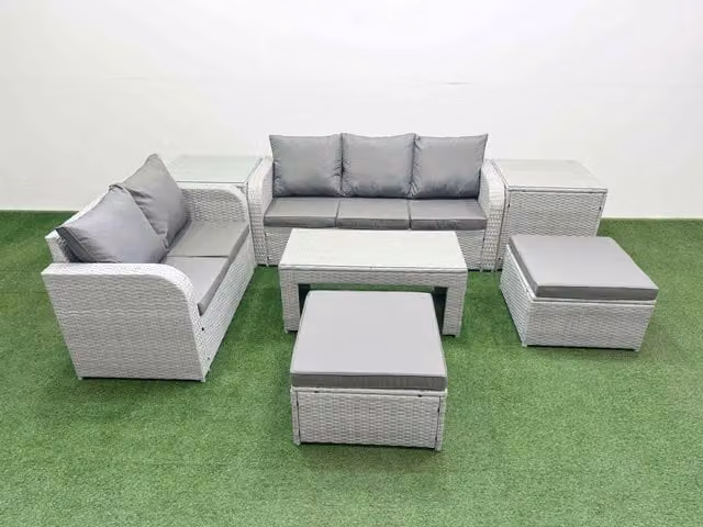 Fimous 7 Seater Grey PE Rattan Wicker Garden Furniture Set with L-Shape Sofa, Coffee Table and Ottomans