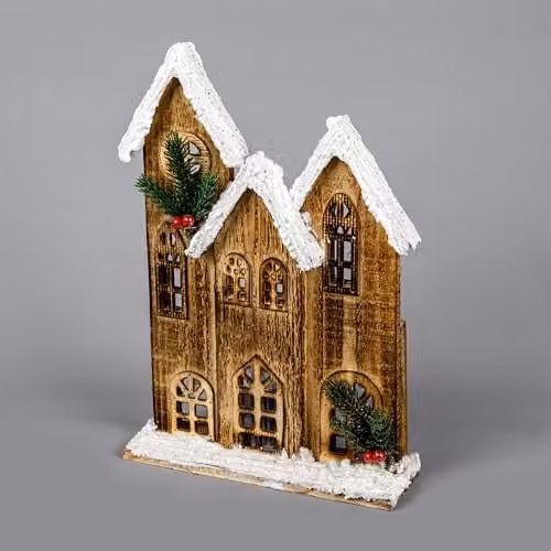 Shatchi Brown and White Wooden Snow Covered Cottage Christmas Decoration with Warm White LEDs, Height: 35 cm – 1