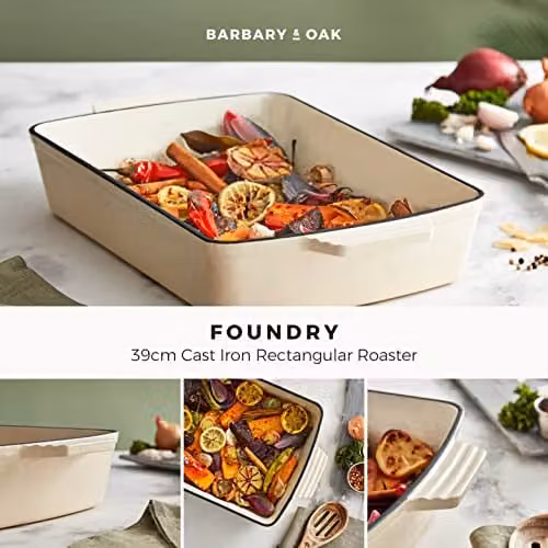 Barbary & Oak BO800258CRM Rectangular Cast Iron Roaster with Enamel Interior, Beige
