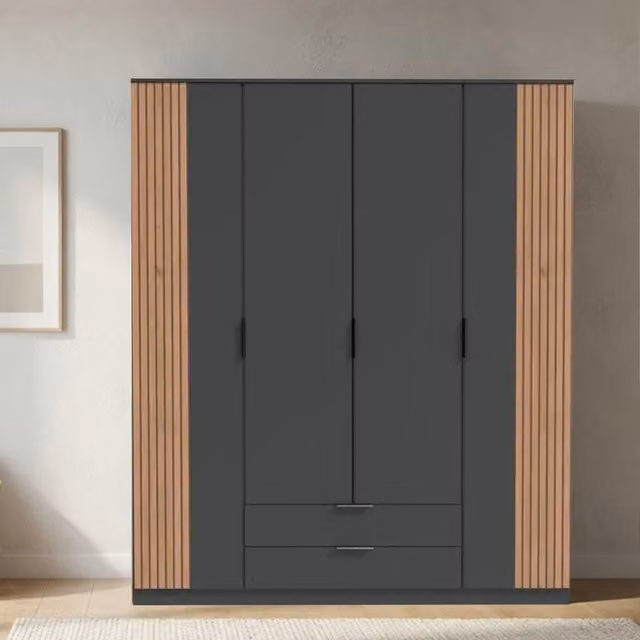 Nameer 4 Door Wardrobe in Graphite and Oak, Width: 180 cm