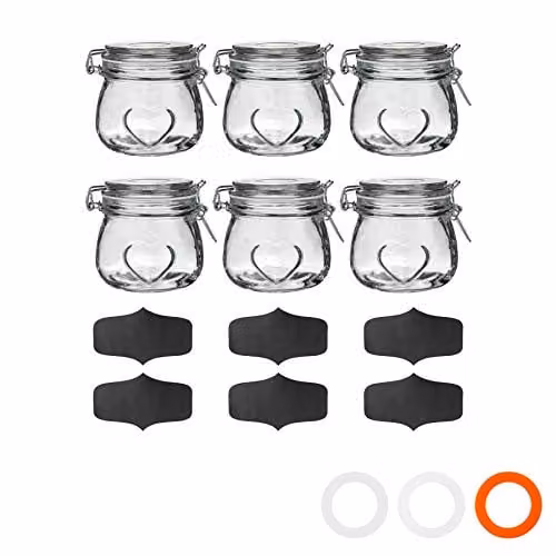 Nicola Spring Heart Shaped Glass Storage Jars with Airtight Clip Lids and Chalkboard Labels, 500ml, Pack of 6, Transparent – 1