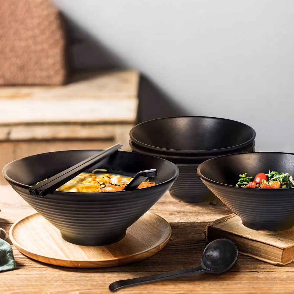 Greentainer 4-Piece Japanese-Style Noodle Bowl Set with Spoons and Chopsticks in Black – 6
