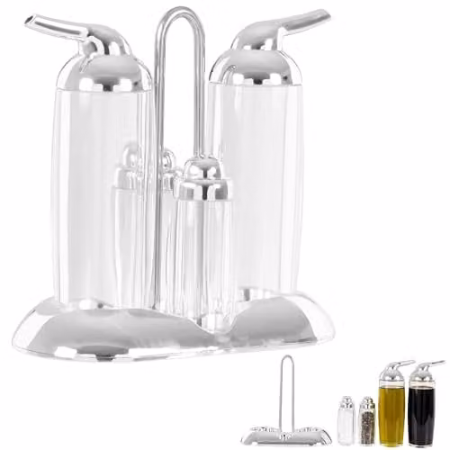Premier Housewares Vintage Silver and Transparent Glass Oil and Sauce Condiment Pot Set of 4, W: 9 cm, D: 17 cm, H: 18 cm