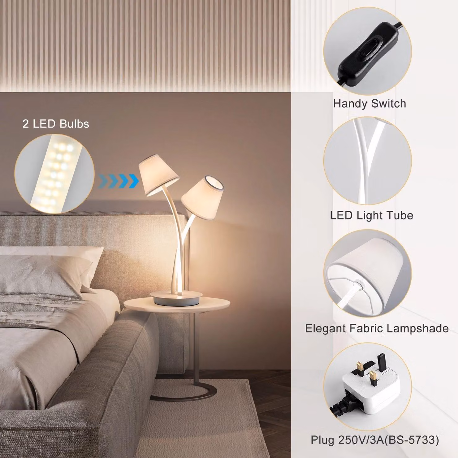 Harper Living LED Bedside Table Lamp with 2 White Vintage Fabric Lampshades – 3