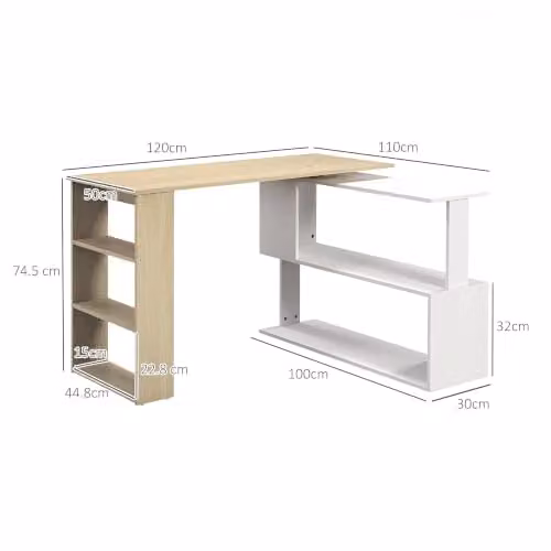 HOMCOM Rotating Corner Desk with Bookshelf in White – 3