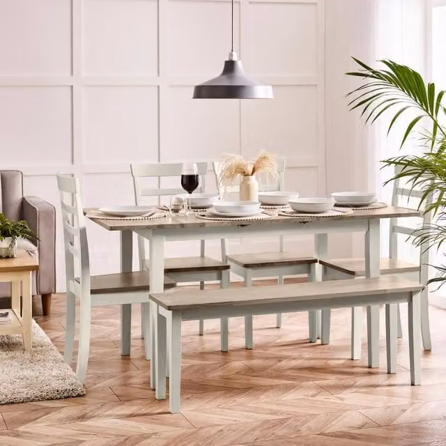FurnitureboxUK Salcombe Extendable Rectangular Dining Set in Light Grey and White with 4 Chairs and 1 Large Bench