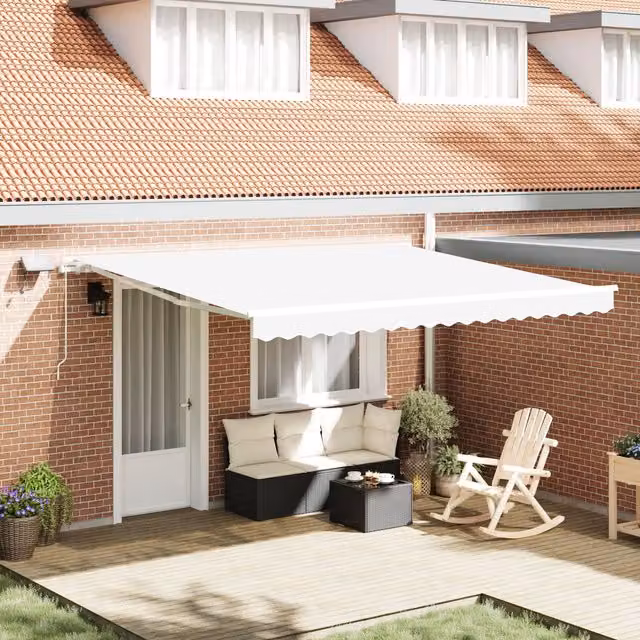 Berkfield Home Manual Retractable Awning with LED in White, W: 400 cm, D: 300 cm