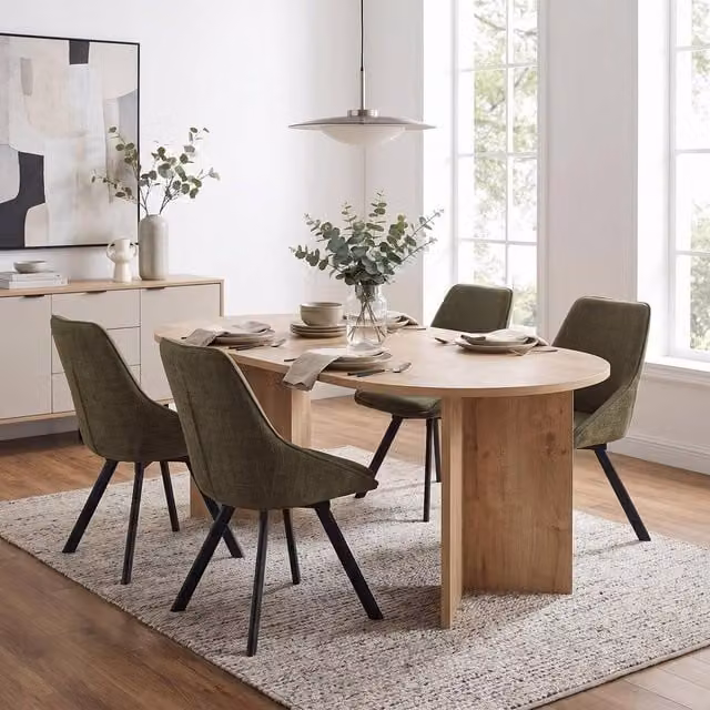 FWStyle 5 Piece Oak Dining Set with Brown Table and 4 Green Swivel Chairs, W: 180 cm, D: 90 cm, H: 75 cm – 1