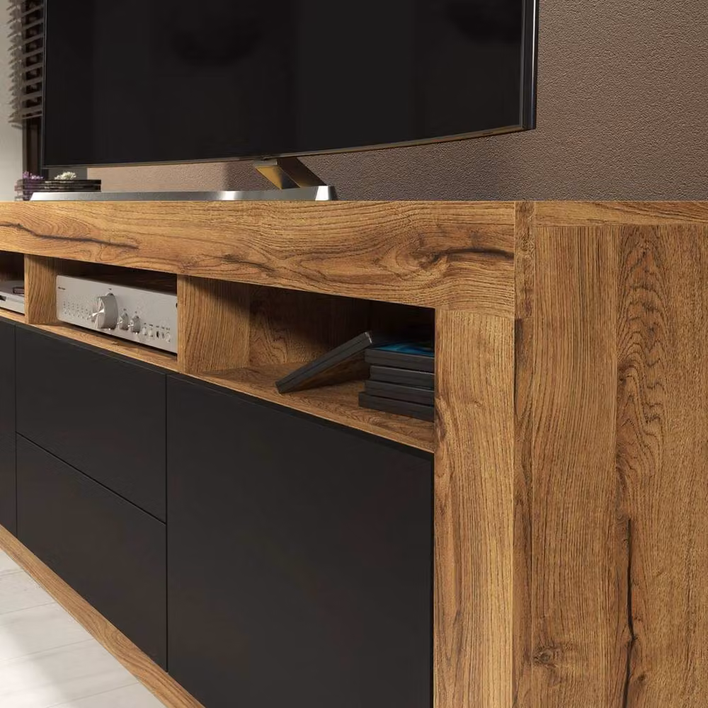 FORGEVIO Modern Oak Wood TV Unit and Sideboard Cabinet in Brown and Black – 3