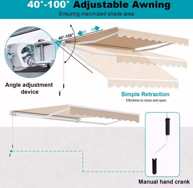 COSTWAY White Patio Retractable Awning with Aluminium Frame and Polyester Fabric, W/D/H: 300 x 300 x 250 cm
