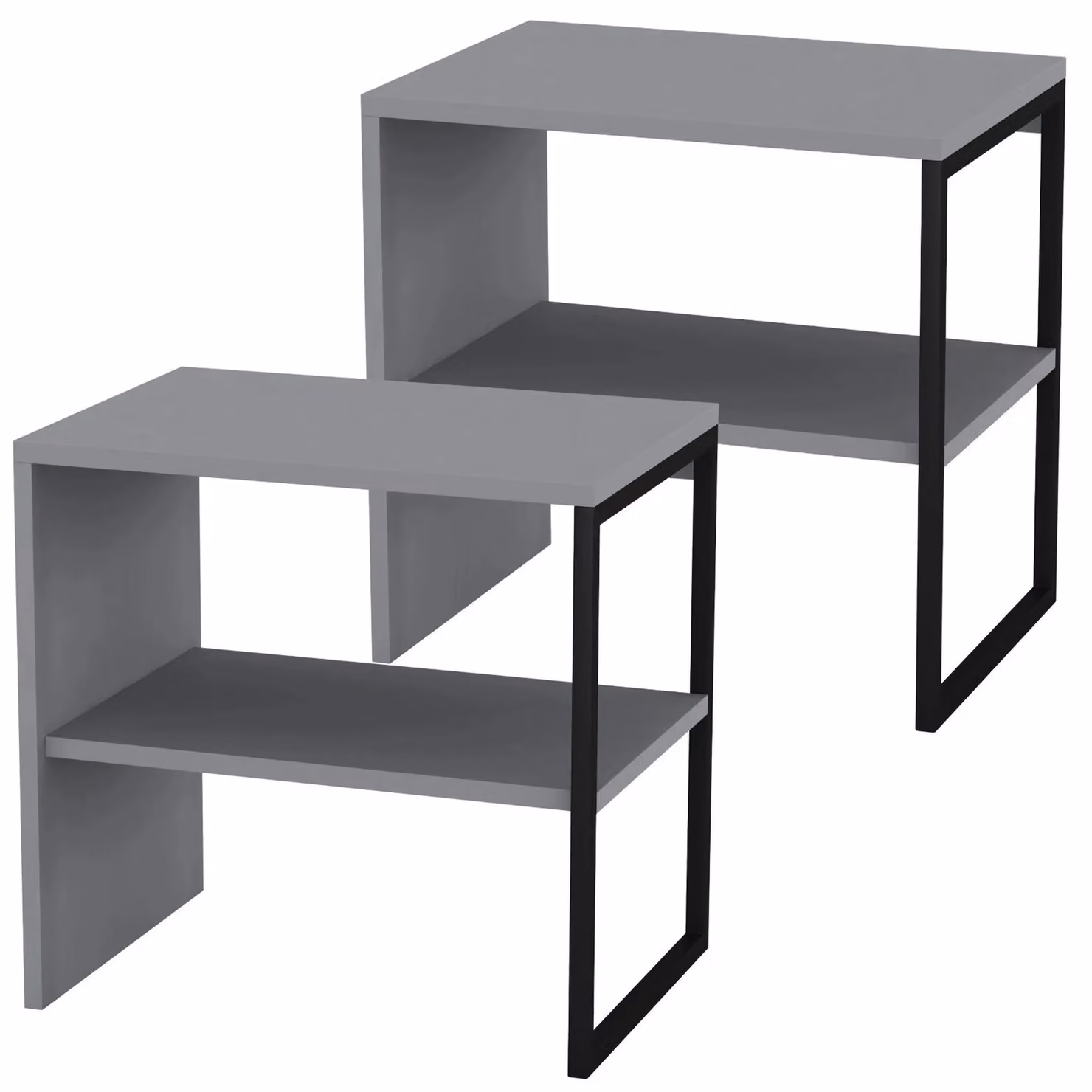 EONLION Set of 2 Grey Modern Bedside Tables with Wood and Metal Open Shelves – 2