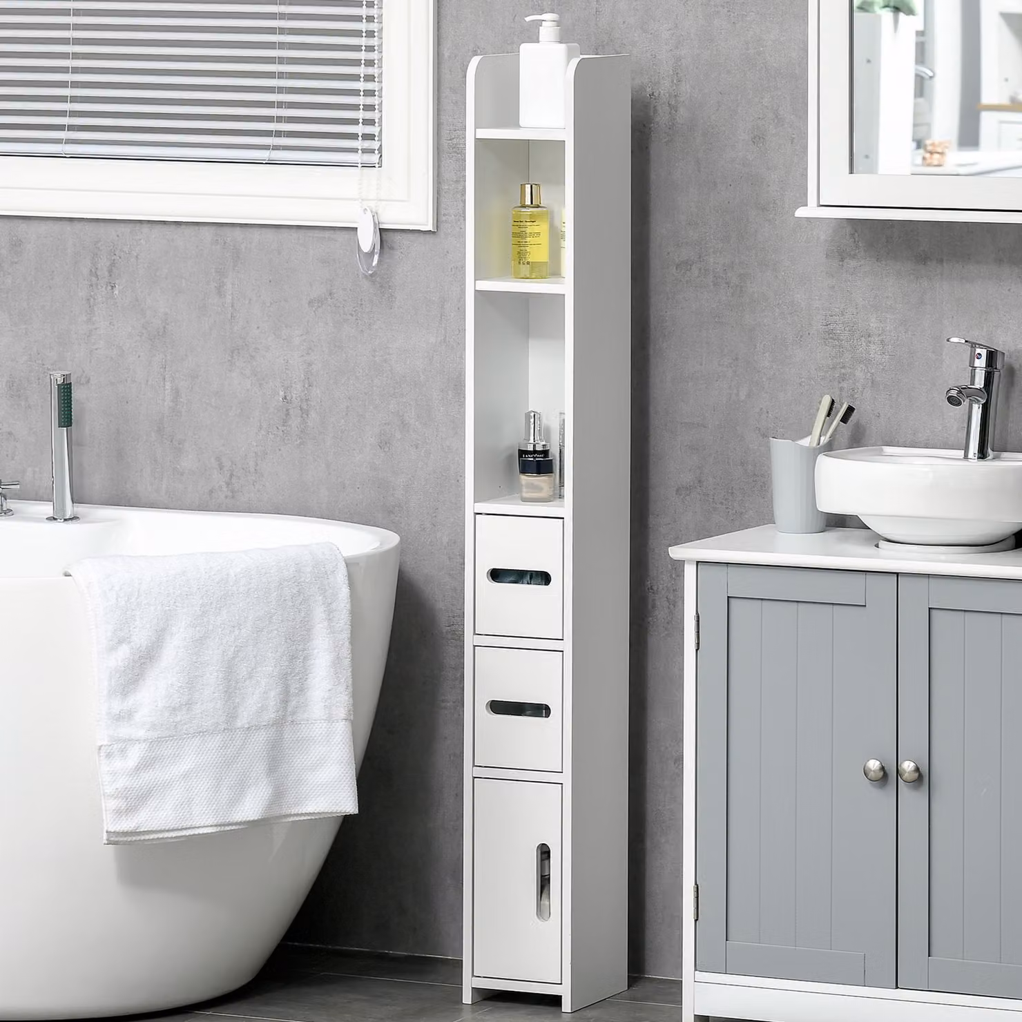 kleankin Modern Freestanding Tall Bathroom Storage Cabinet with Open Shelves and Hinged Doors, White – 2