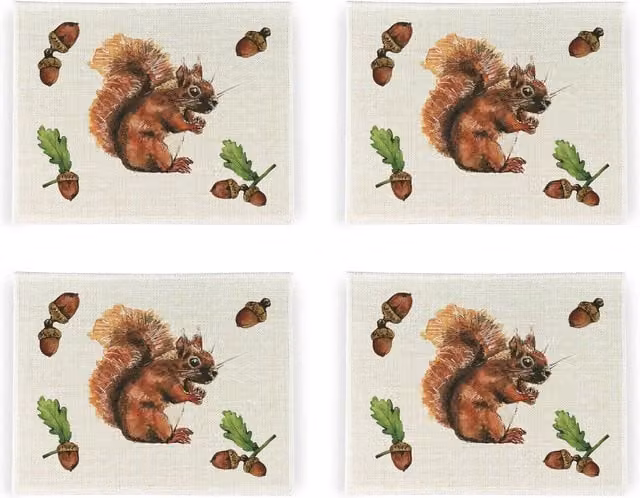 Purely Home Red Squirrel Linen Placemats, Set of 4, White and Red Graphic Square Design