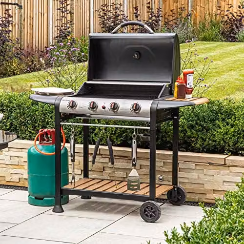 George Foreman 4 Burner Gas BBQ with Automatic Ignition, Integrated Thermometer and Wood Effect Shelves, Black – 4