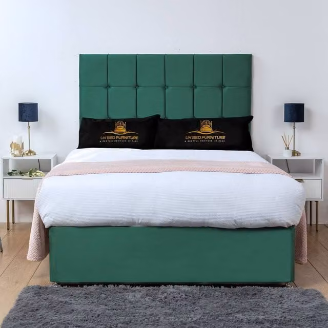 UK Bed Furniture Florence Divan Bed Base with 26 Inch Headboard in Green, Double, W/D/H: 140 x 200 cm