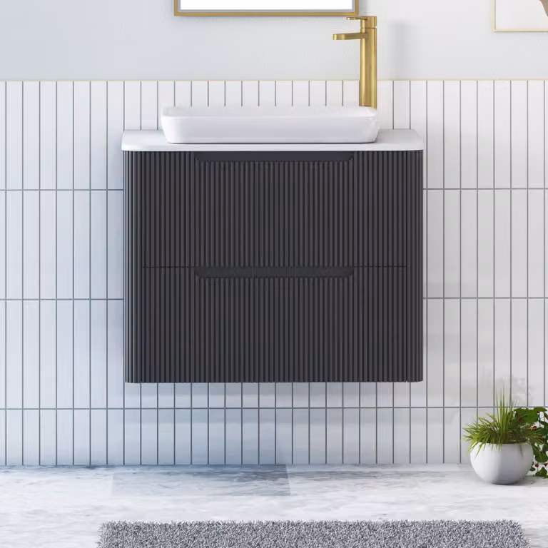 Royal Bathrooms Avenza Matt Obsidian Black Wall Hung 2 Drawer Vanity Unit with Plain White Worktop and Qubix Basin, Width: 70 cm