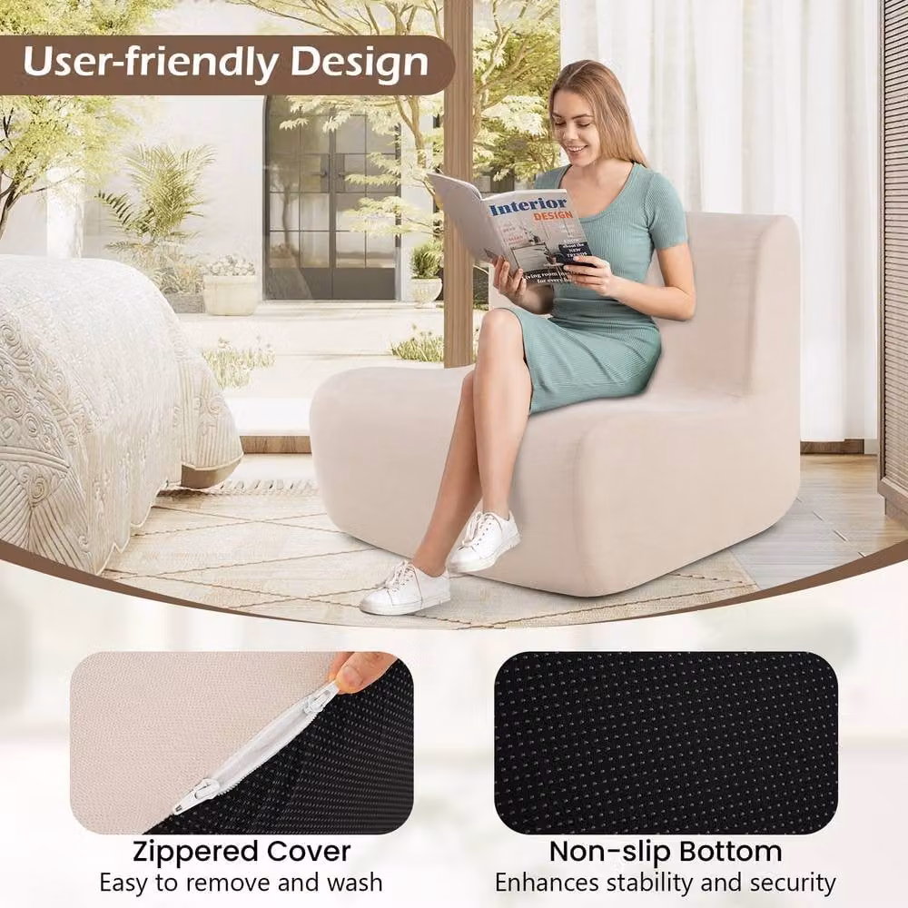 Costway Ergonomic Bean Bag Chair in Beige Velvet with Removable Cover – 2