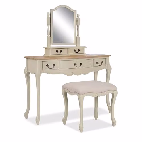Statement Furniture Juliette Dressing Table Set with Trinket Mirror and Upholstered Stool in Beige and White – 2