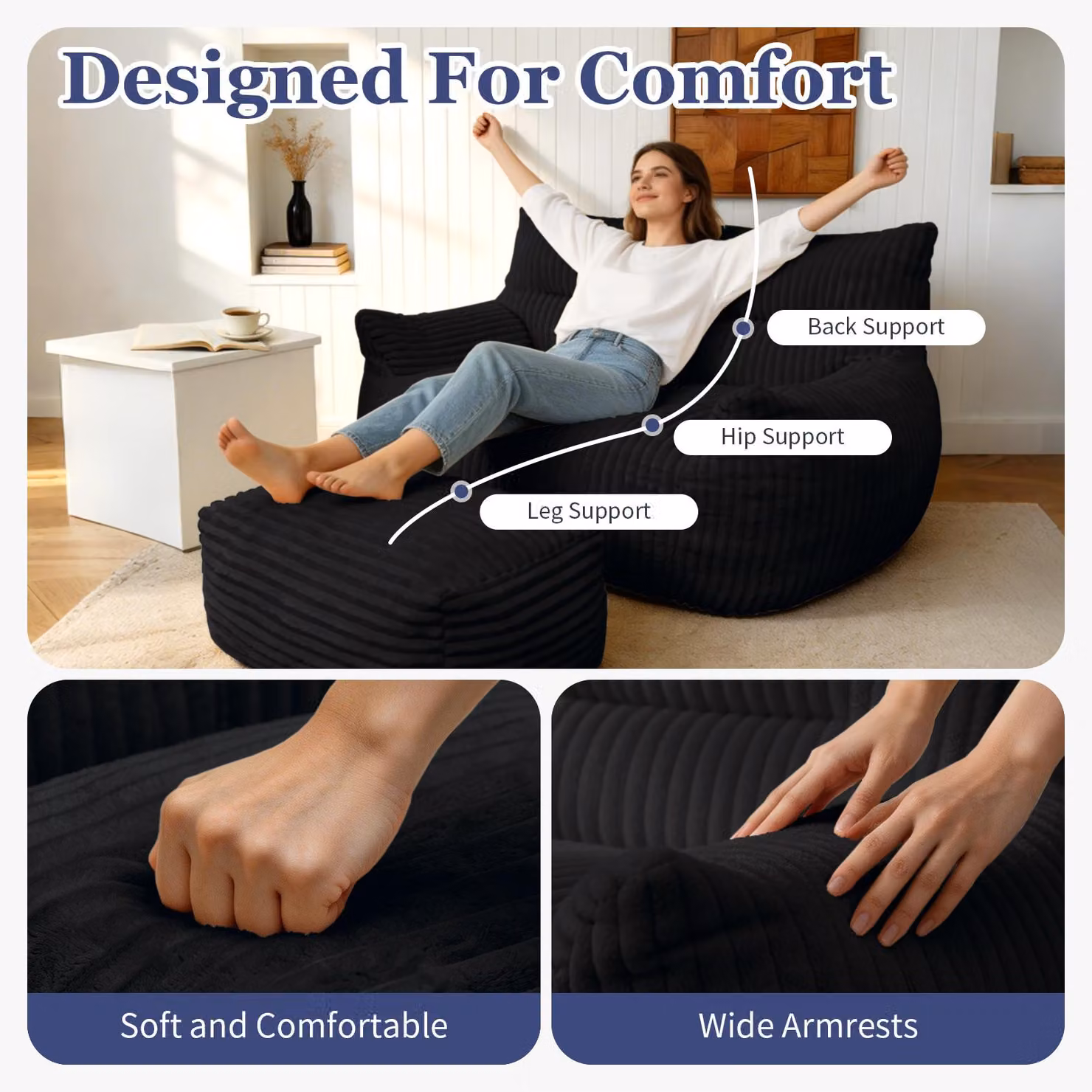 Aosom UK Oversized 2-Seater Corduroy Sofa with Matching Ottoman, Black, W/D/H: 135 x 100 x 75 cm – 6