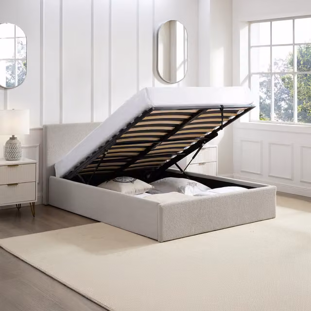 Teddy Boucle Small Double Ottoman Gas Lift Storage Bed in Beige, H: 88.5 cm x W: 138 cm x L: 203 cm – 1