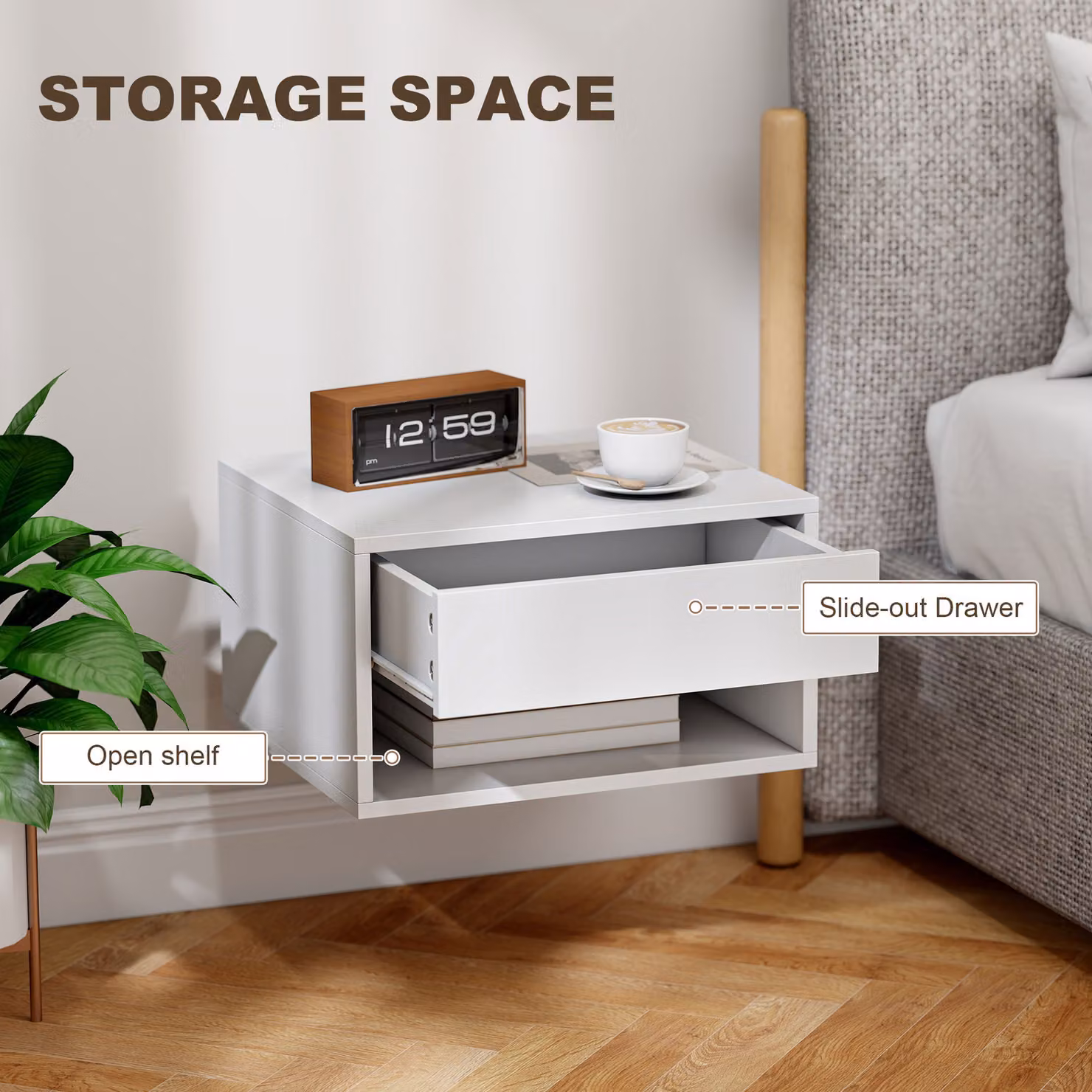 HOMCOM Set of Two White Wall-Mounted Floating Bedside Tables – 3