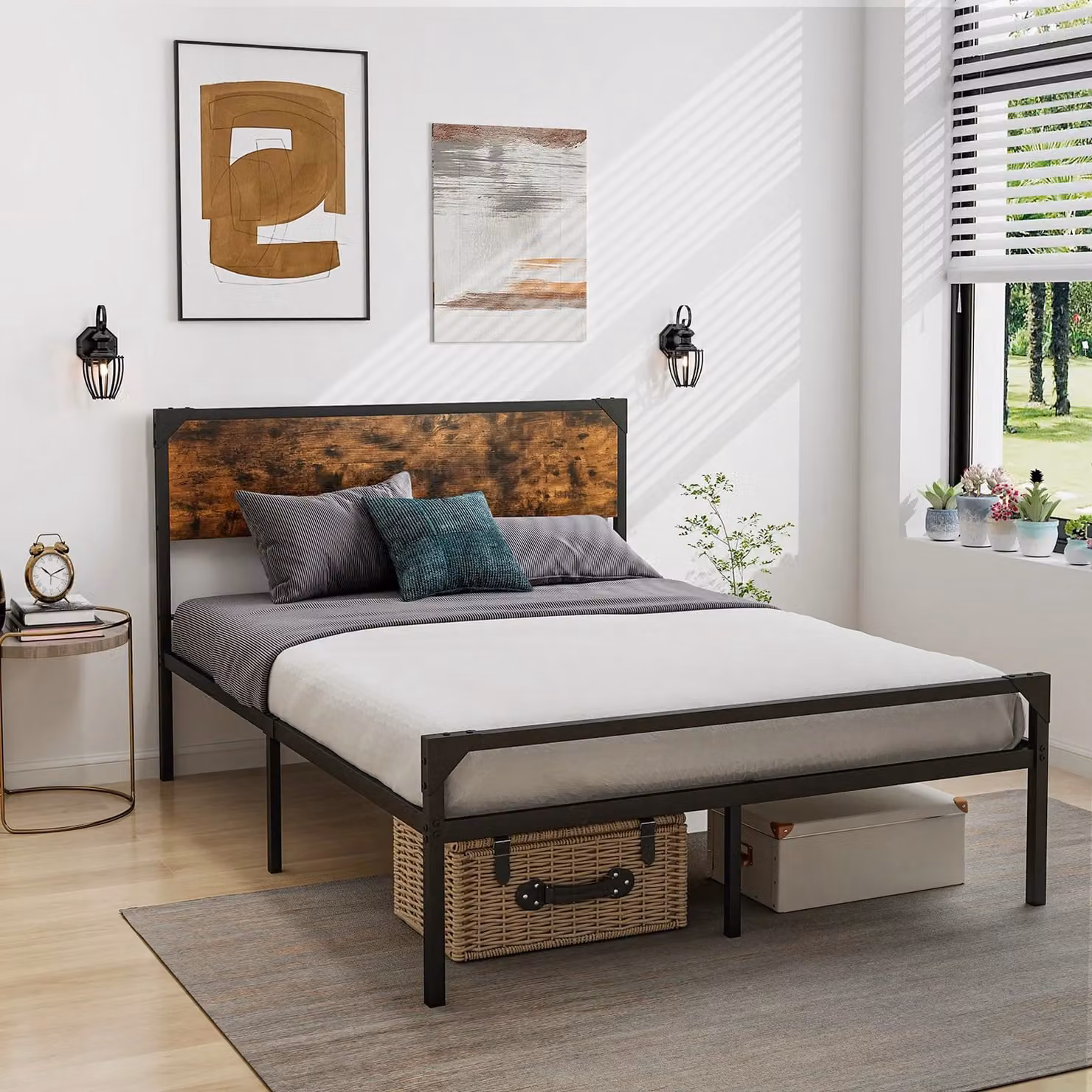 Costway Industrial Metal Double Bed Frame with 9 Support Legs in Brown, W/D/H: 140 x 200 cm – 3