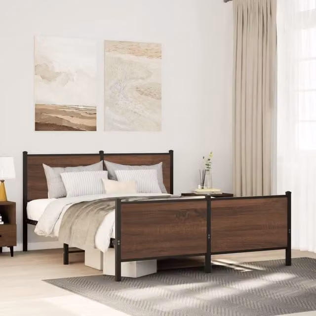 Berkfield Home Metal Bed Frame in Brown Oak, W: 160 cm, L: 200 cm
