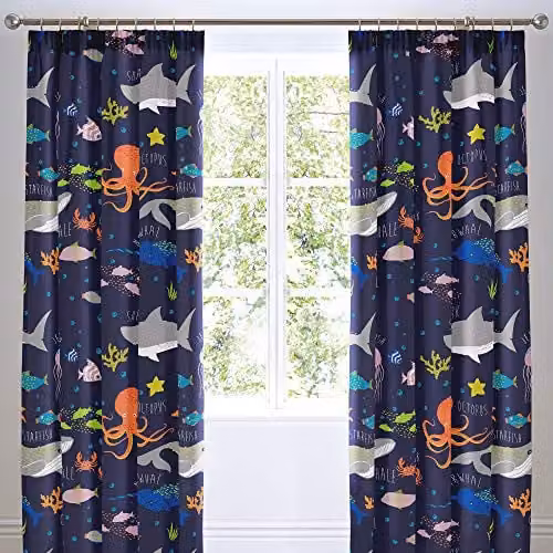 Bedlam Sea Life Pencil Pleat Curtains, Multicolour, W: 168 cm, H: 183 cm – 1