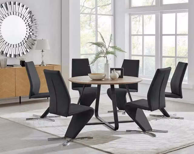 FurnitureboxUK Santorini Round Brown Wood Effect Dining Table and 6 Black Willow Chairs