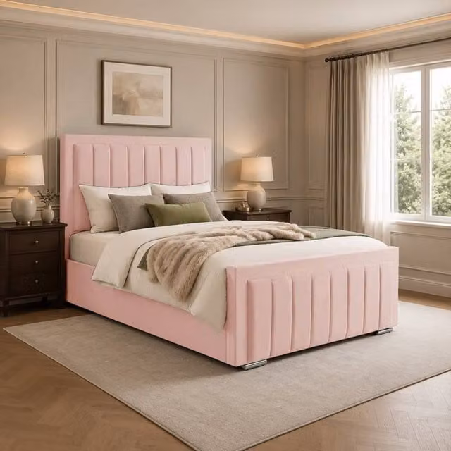 Desire Deco Lucia Upholstered Plush Velvet Panel Bed Frame, Pink, 180 x 200 cm