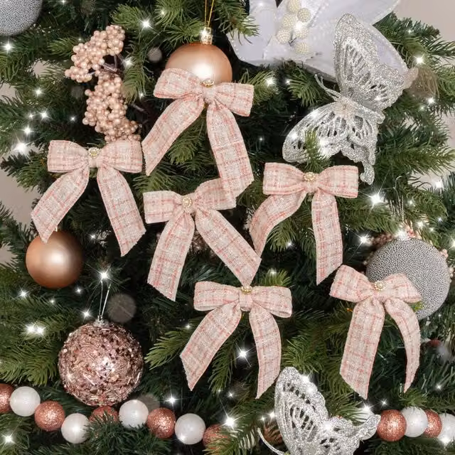 Melody Maison Set of 6 Small Pink Tartan Boucle Jewelled Christmas Bow Hanging Decorations in Baby Pink and White – 1