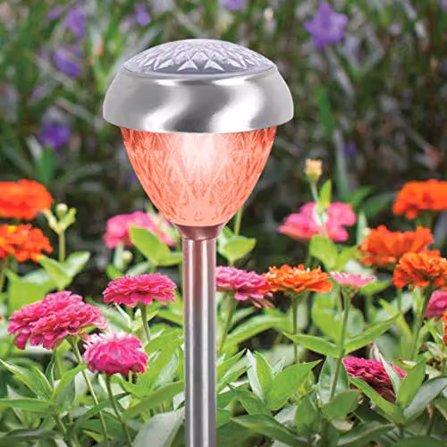 GardenKraft Diamond Cut Solar Path Lights, 4 Pack, Silver Stainless Steel, Multicolour LED, Height: 37 cm – 2