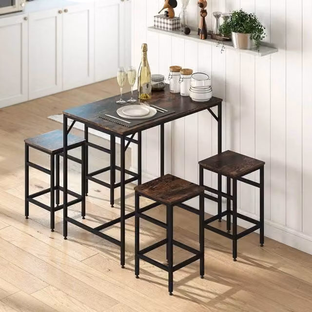EONLION Industrial Rectangular Dining Table Set with 4 Stools in Brown Wood and Metal, Width: 100 cm – 1